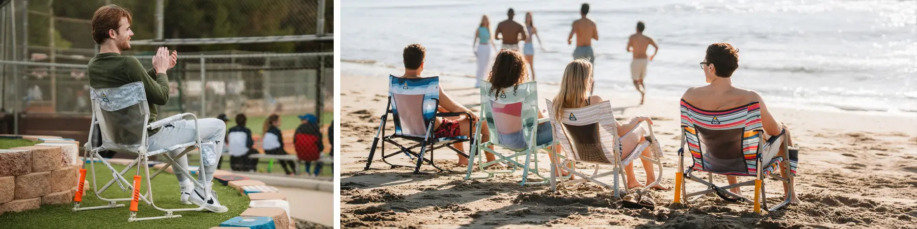 Group of friends sitting on colorful beach chairs facing the ocean, watching others play in the water.